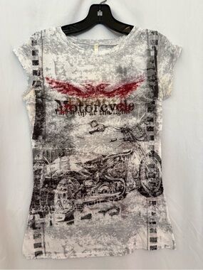 S-Twelve White Tee with Red Wing Motorcycle Graphic